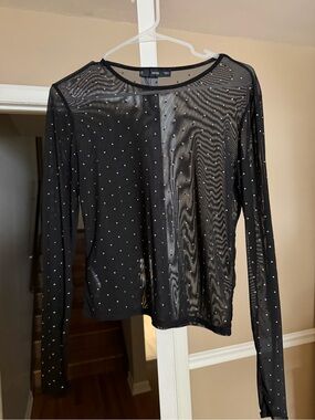 Mango Black Sheer Long-Sleeve Top with Rhinestone Dots